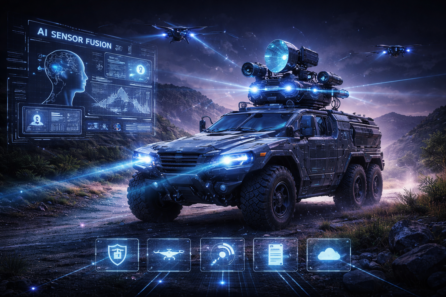 Concept illustration of AI sensor fusion and autonomous mobility with radar and high-performance cameras.
